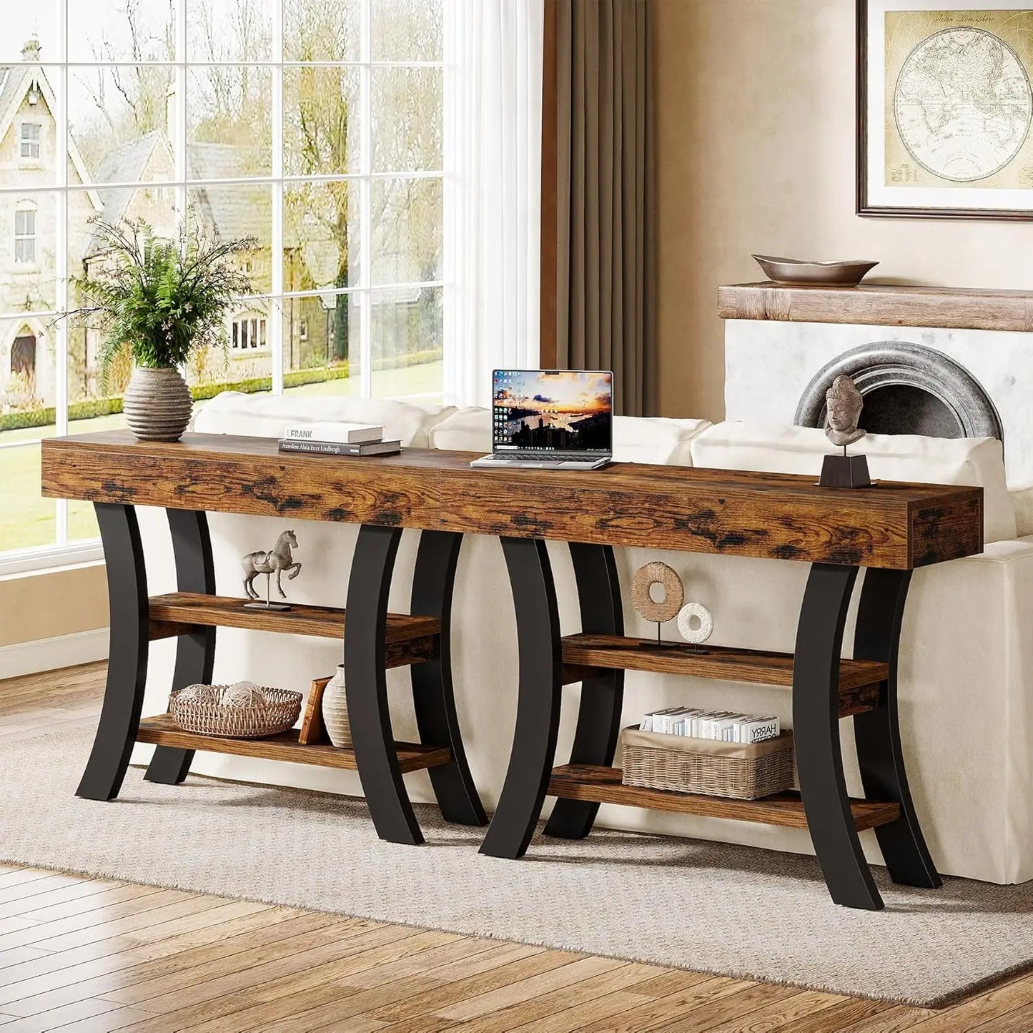 41in Small 3-Tier Narrow Rustic Console Table Curved Storage Shelf Entry Hall, Customized