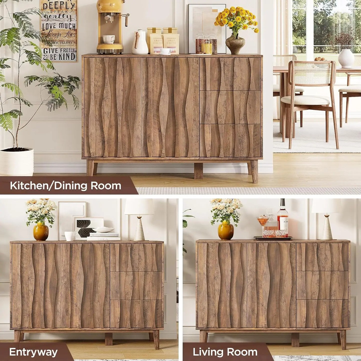 Fluted Buffet Cabinet with Storage, 47.2" Sideboard Cabinet with 3 Drawers and 2 Doors, Adjustable Shelf