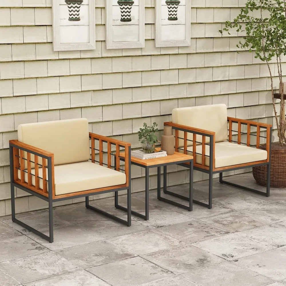 3 Pieces Patio Chair Set, Acacia Wood Outdoor Sofa Set with Metal Support, Soft Seat & Back Cushions Included