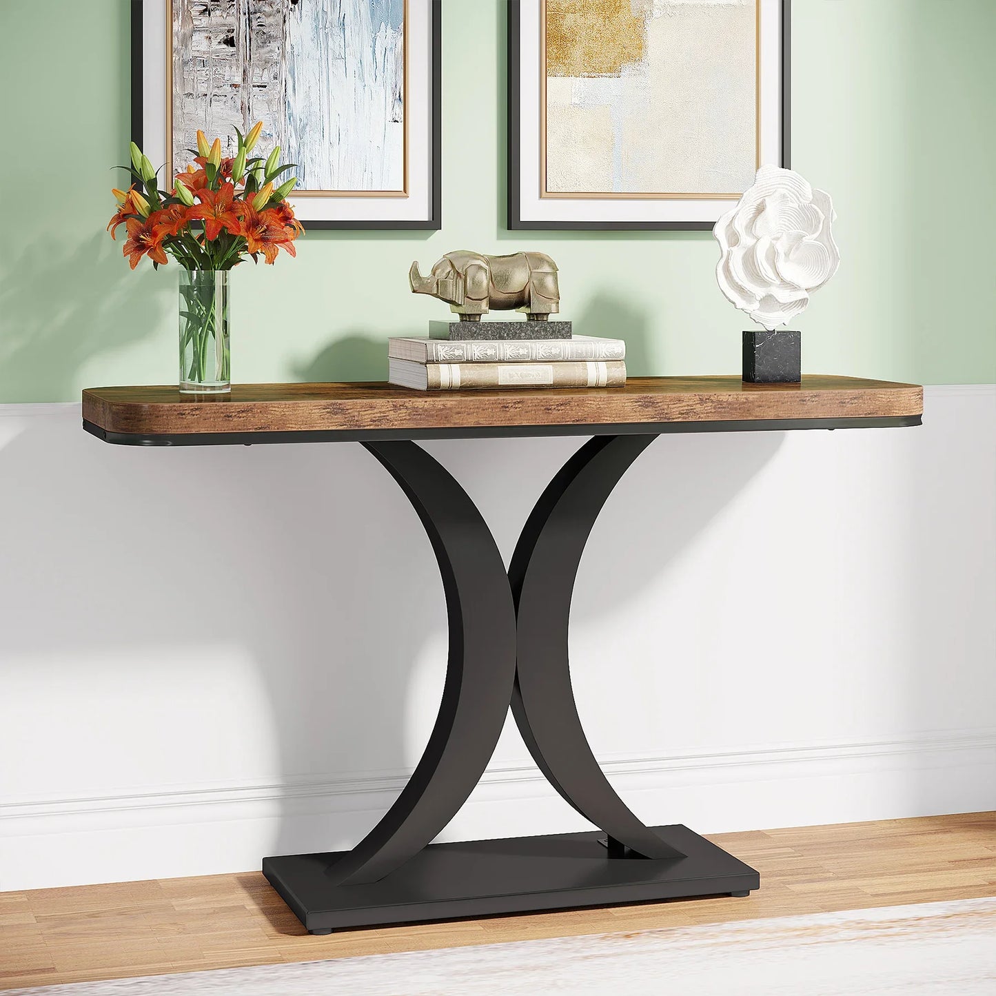 Console Table, 40 inch Narrow with Geometric Base, Rustic Hallway Accent