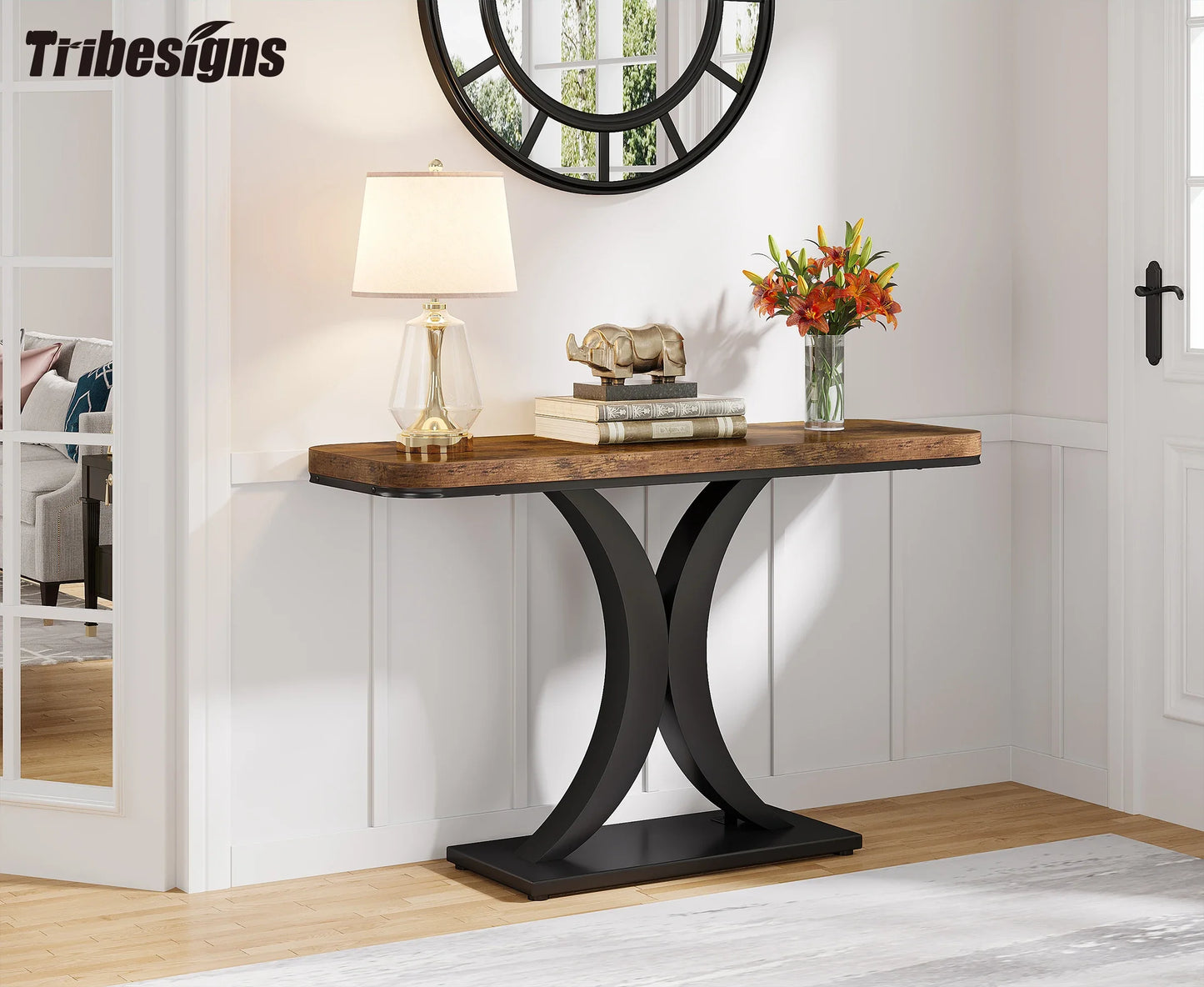 Console Table, 40 inch Narrow with Geometric Base, Rustic Hallway Accent