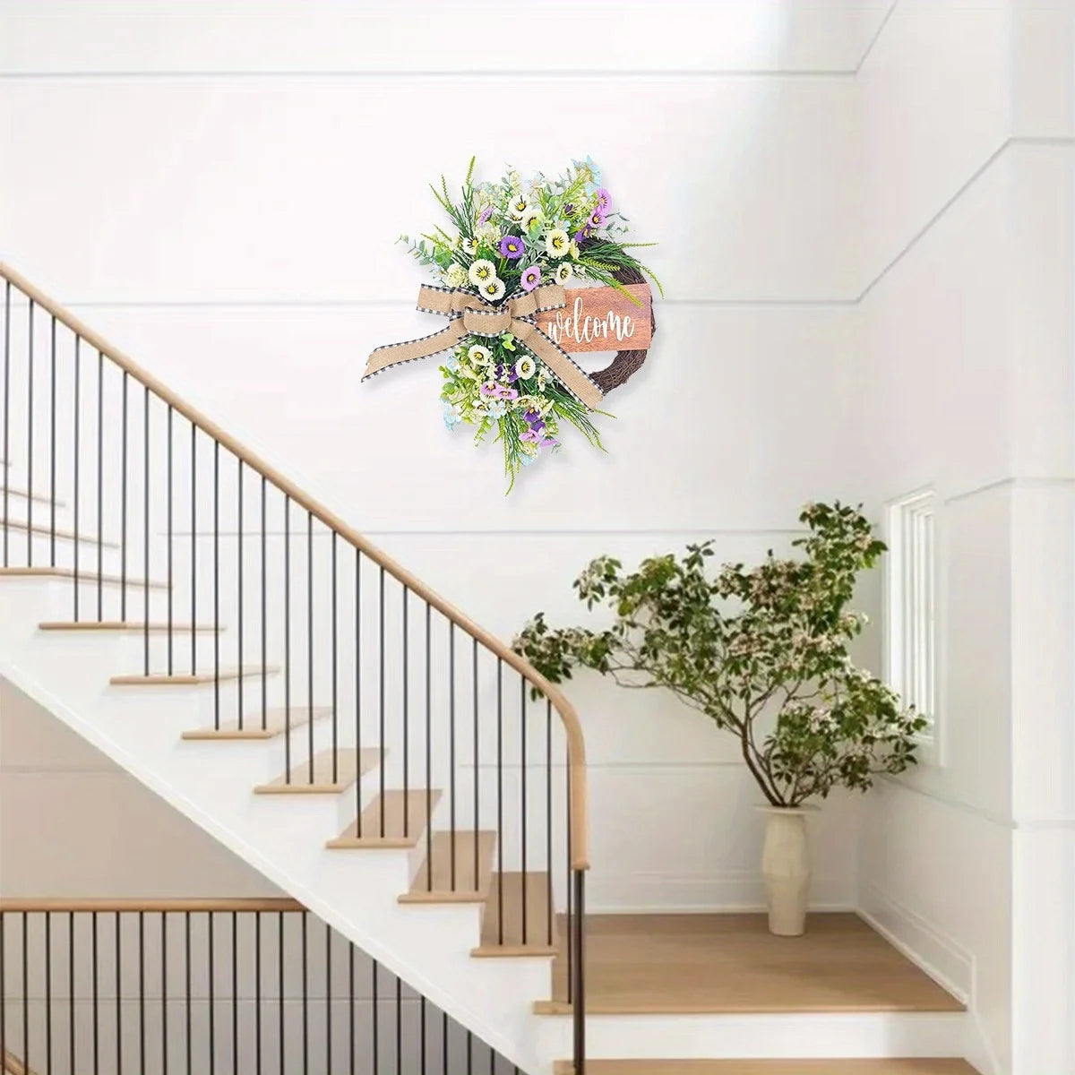 Spring Wreath for Front Door, 16.9 Inch Welcome Sign Front Door Wreath, Indoor Outdoor Green Eucalyptus Daisy Welcome