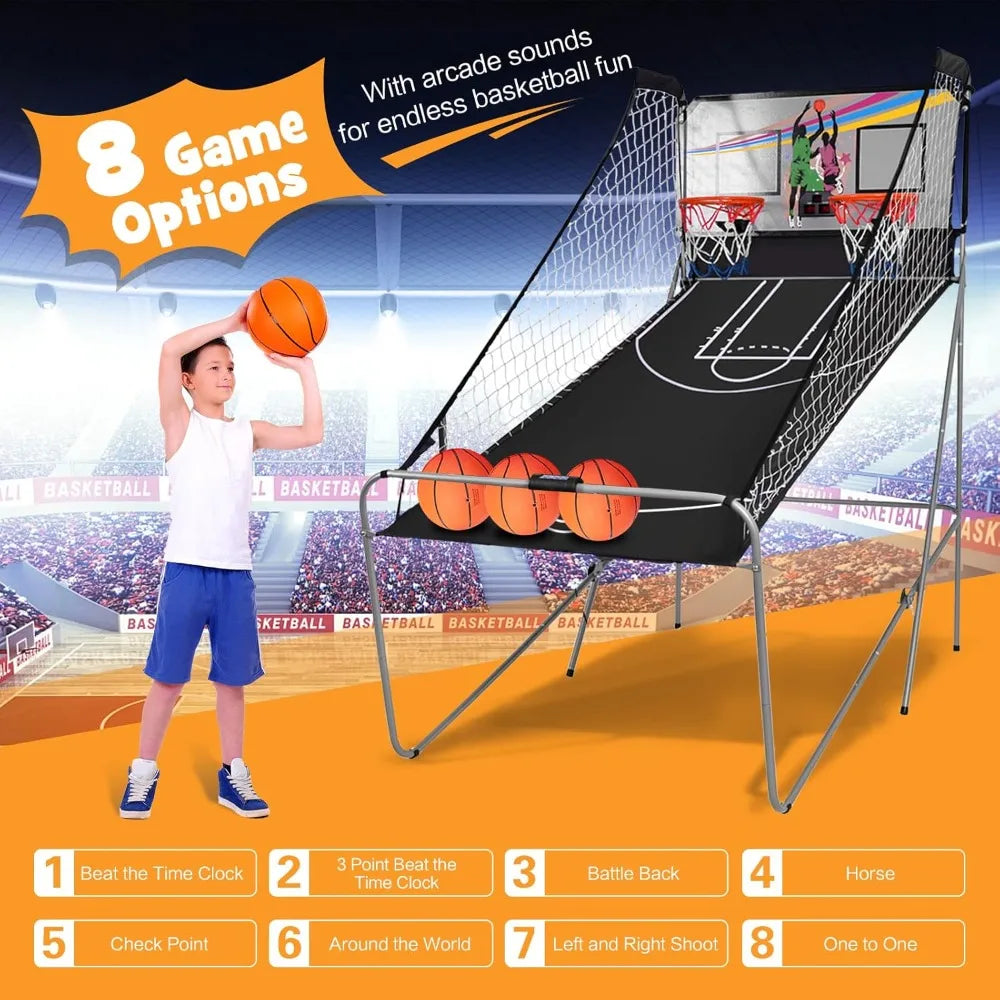 Foldable Dual Shot Basketball Game w/Electronic Scoring, 8 Game Modes, 4 Balls, Indoor Outdoor