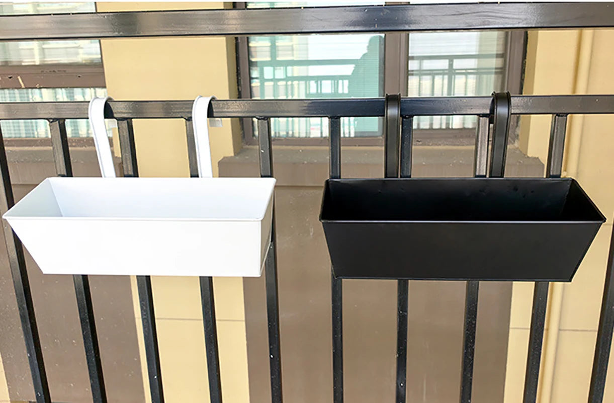 Outdoor Planter Black Metal Iron Hanging Flower Pots Decks Railings Fence Buckets Modern Wall Mount Window Box