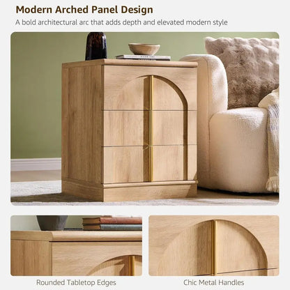 Arched Panel 2-Piece Nightstand Set, 18 Charging Station Nightstand, 3-Drawer Side Table, Square Bedroom/Living Room End Table,