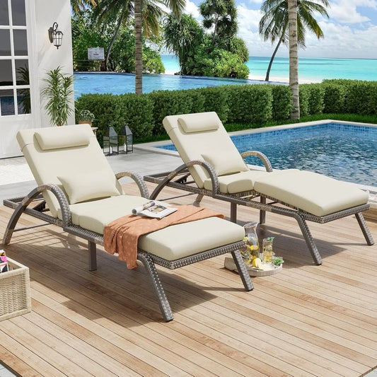 Outdoor Lounge Chairs Set of 2, Patio Chaise Loungers with Adjustable 5-Position & Leg Support, Wicker Pool Recliners