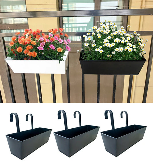 Outdoor Planter Black Metal Iron Hanging Flower Pots Decks Railings Fence Buckets Modern Wall Mount Window Box