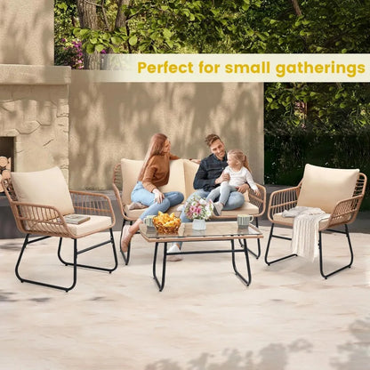 4 Piece Patio Bistro Outdoor Furniture Set with Wicker Sofa 2 Rattan Chairs and Table for Backyard