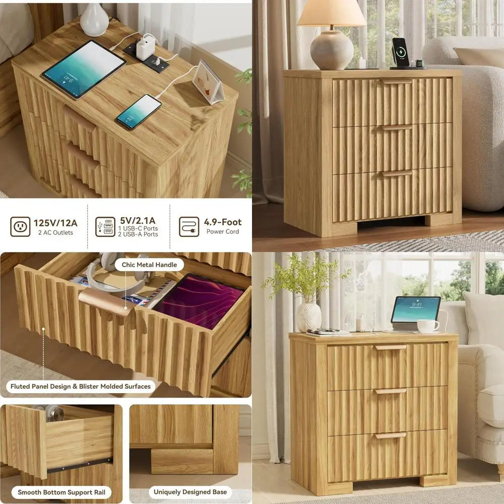 Modern 3-Drawer Natural Oak Nightstand with Fluted Design and Charger Station for Bedroom or Home Office
