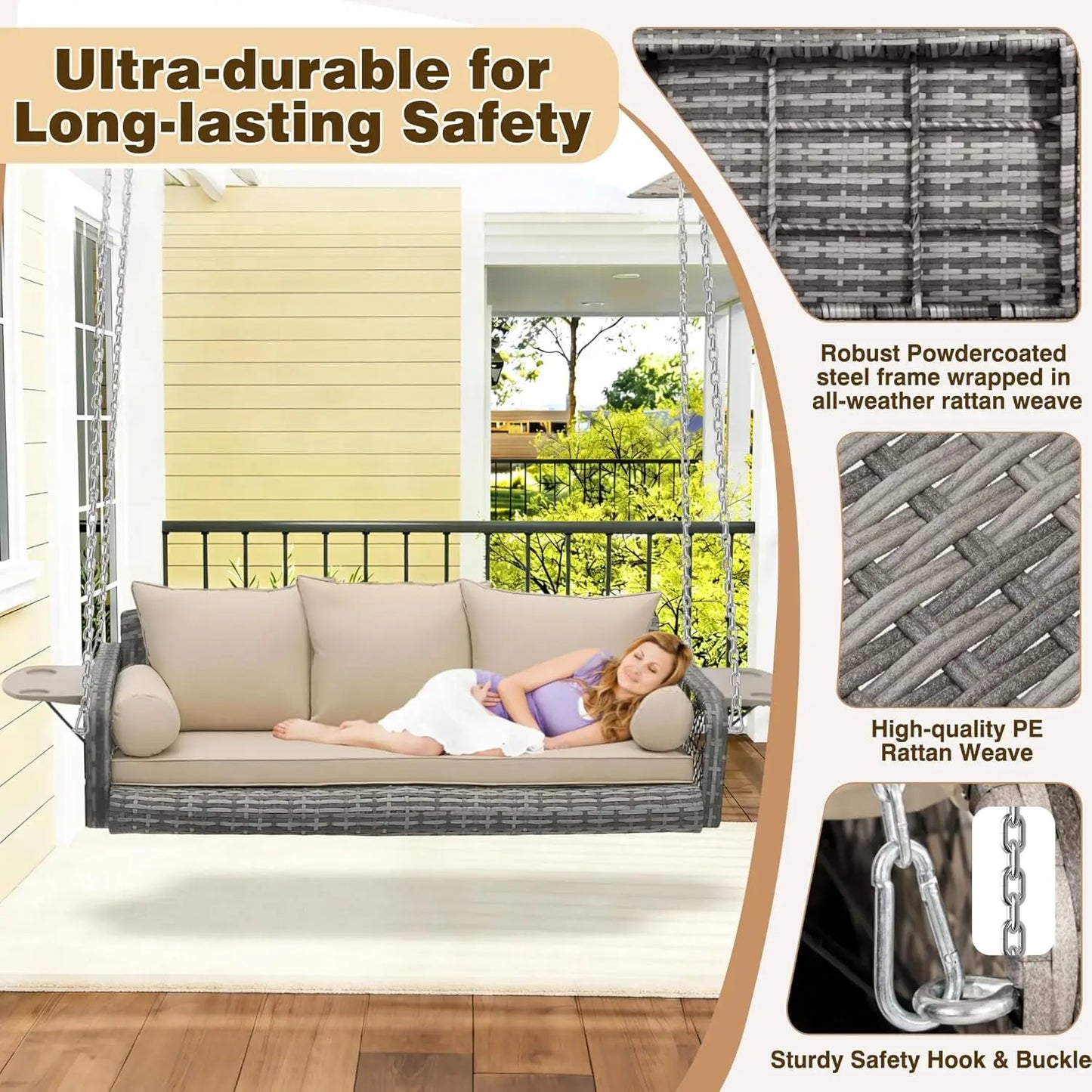 3-Person Hanging Porch Swing Wicker, Outdoor Rattan Swing Bench W/ 3 Back Cushions and Seat Cushion, Sturdy Steel, Customized