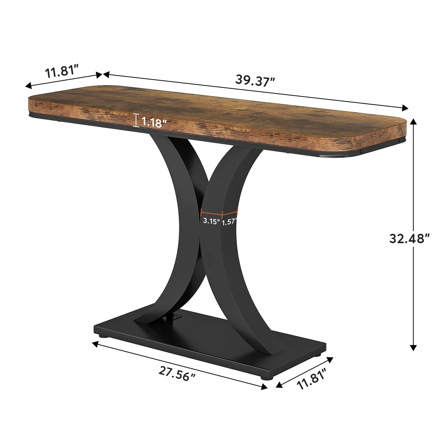Console Table, 40 inch Narrow with Geometric Base, Rustic Hallway Accent