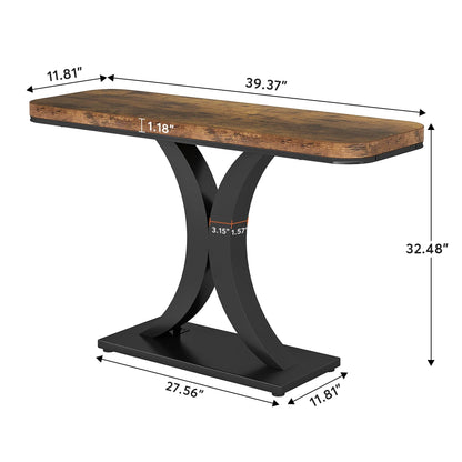 Console Table, 40 inch Narrow with Geometric Base, Rustic Hallway Accent