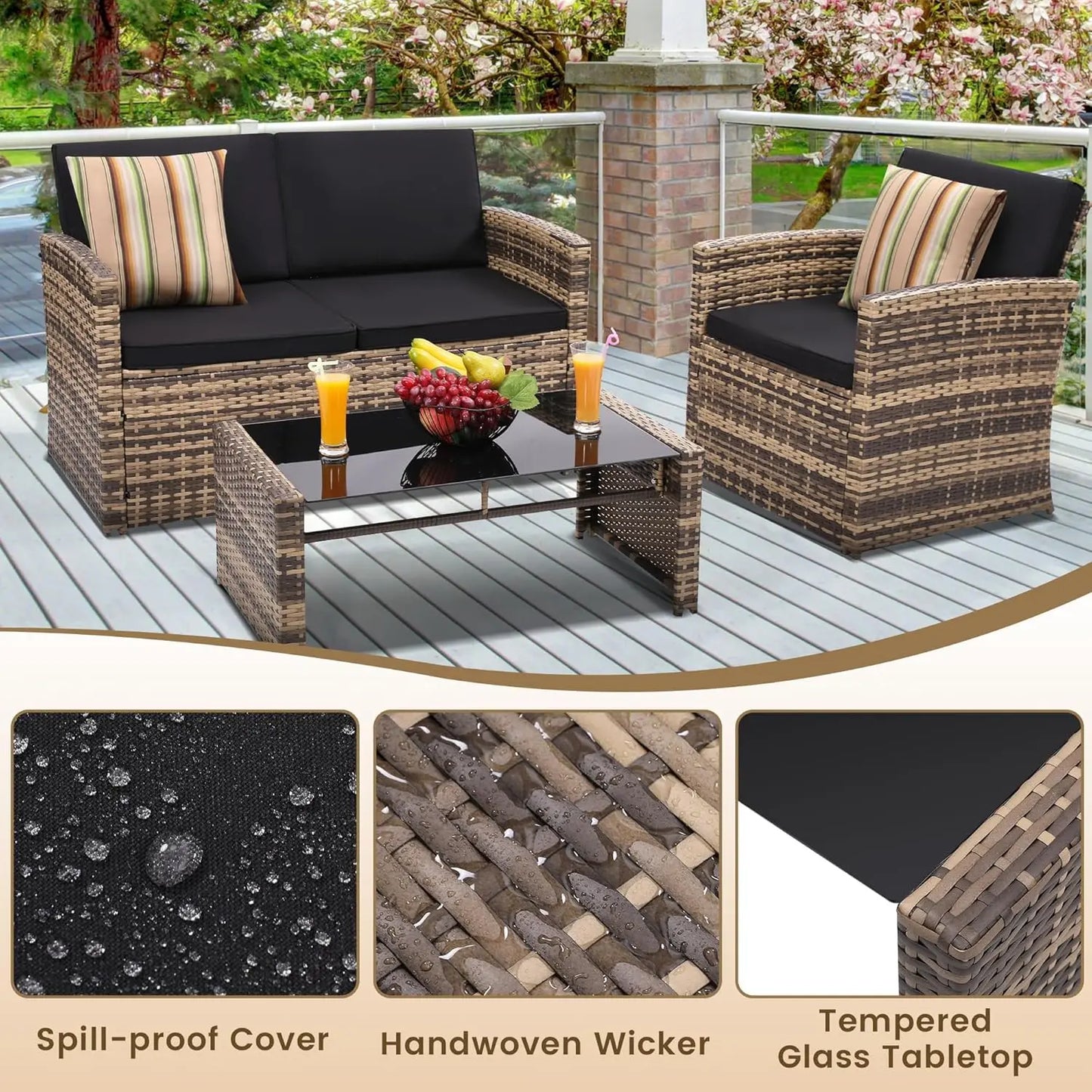 4 Pieces Patio Conversation Set, Outside Rattan Sectional Sofa, Cushioned Furniture Set, Wicker