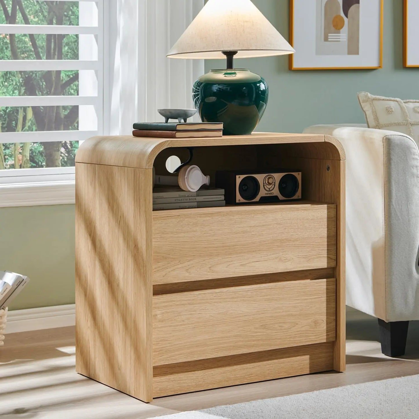 25" Tall Modern Nightstand Set of 2, 23.6'' Wide Wood Bedside Table w/2 Storage Drawers, Charging Station