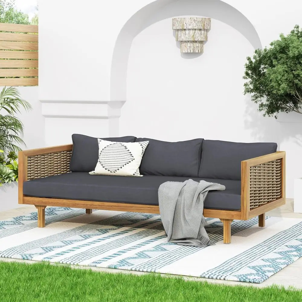 3 Seater Acacia Wood Outdoor Patio Daybed with Rattan Arms, Cushion & Pillow