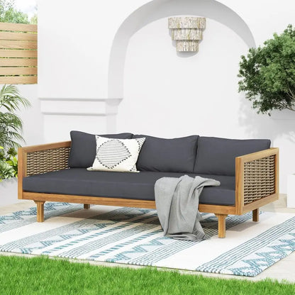 3 Seater Acacia Wood Outdoor Patio Daybed with Rattan Arms, Cushion & Pillow