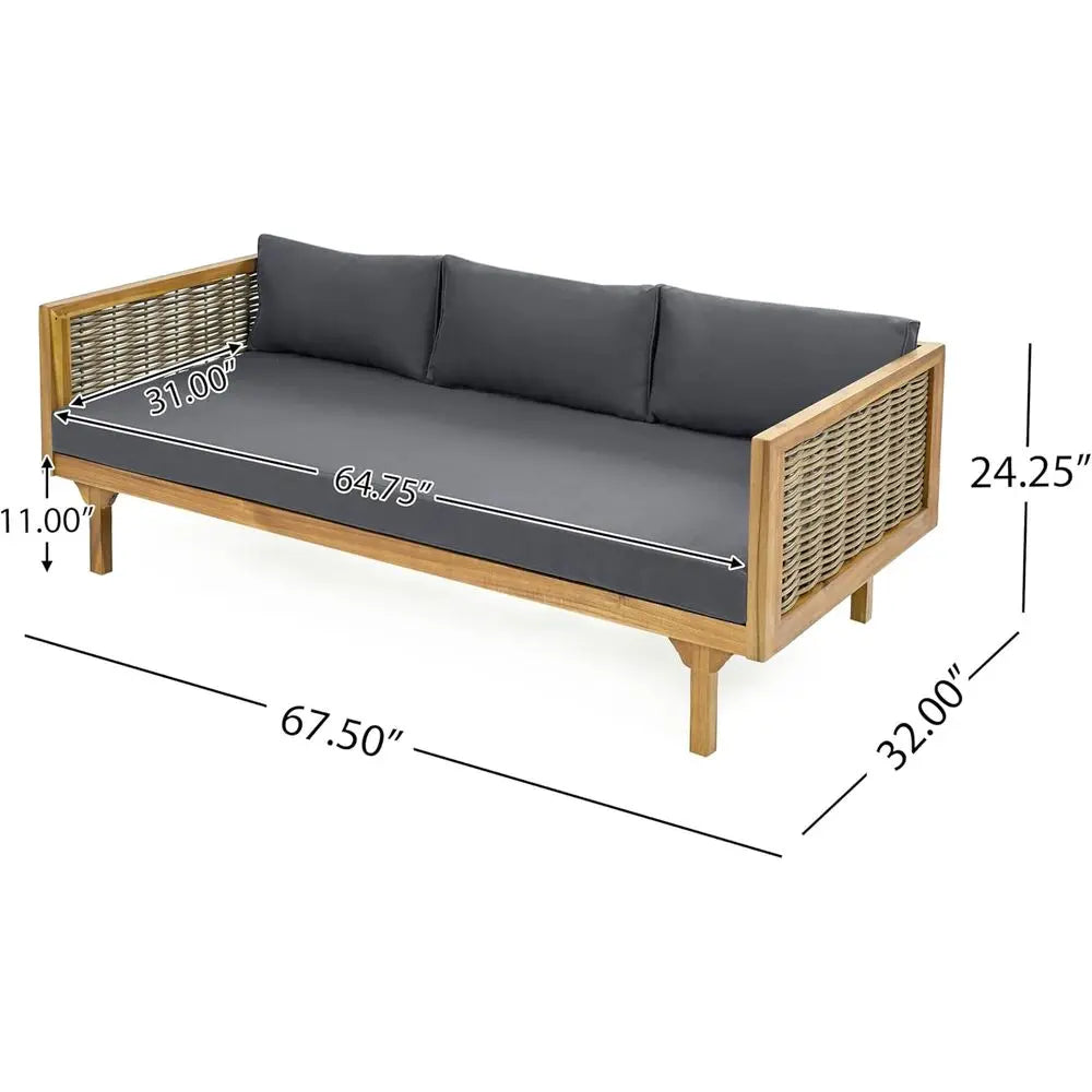 3 Seater Acacia Wood Outdoor Patio Daybed with Rattan Arms, Cushion & Pillow