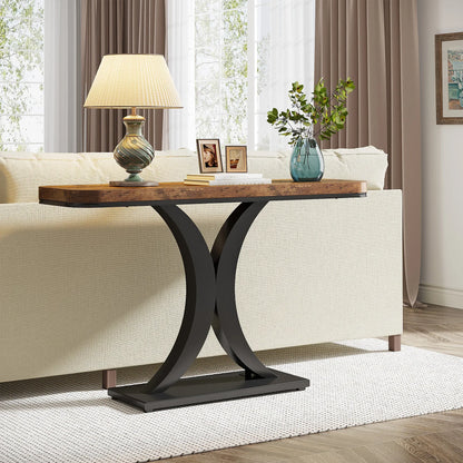 Console Table, 40 inch Narrow with Geometric Base, Rustic Hallway Accent