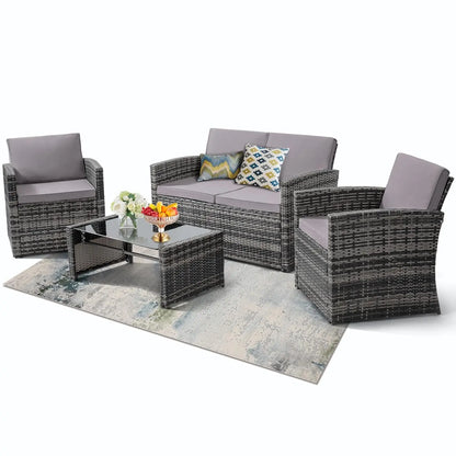 4 Pieces Patio Conversation Set, Outside Rattan Sectional Sofa, Cushioned Furniture Set, Wicker