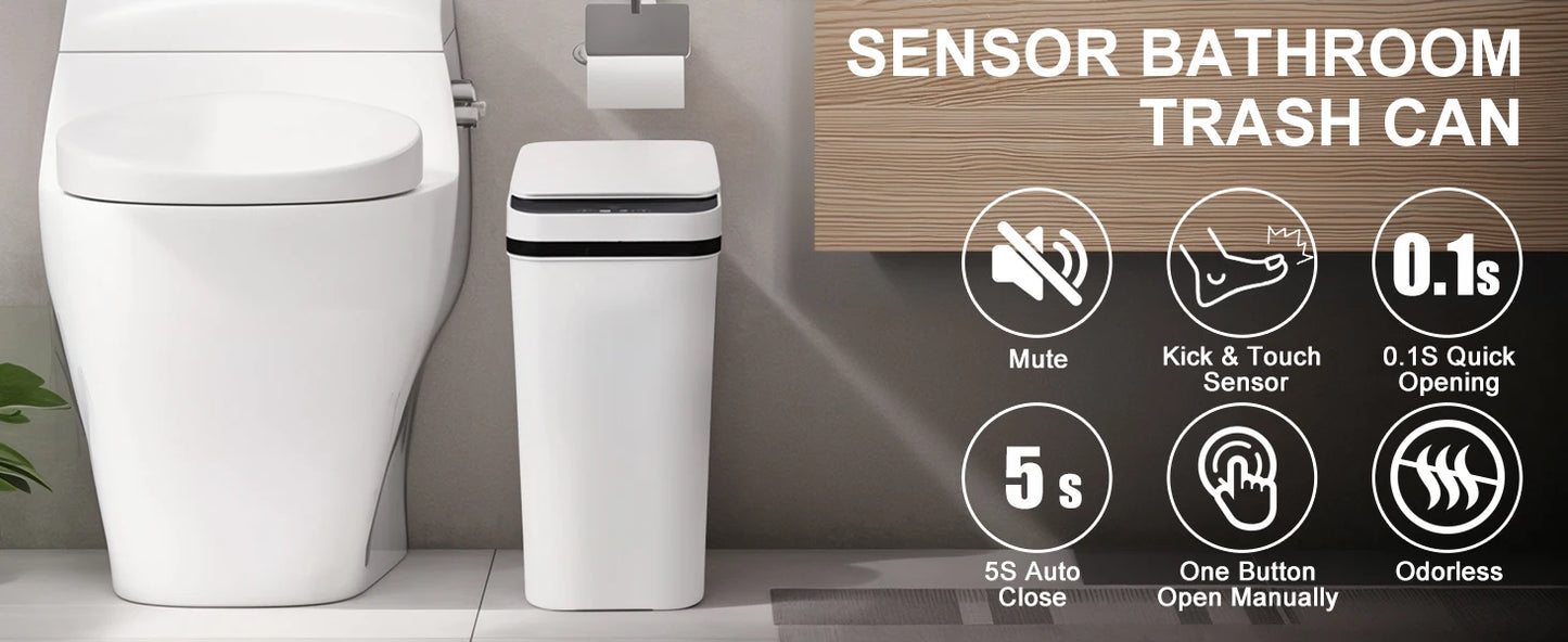 2 Pack 12L Bathroom Automatic Trash Cans, Touchless Motion Sensor Slim with Lid for Bathroom Bedroom Living Room Office White