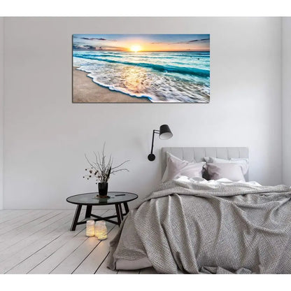 Canvas Prints Wall Art Beach Sunset Ocean Waves Nature Pictures Stretched Canvas Wooden Framed for living Room
