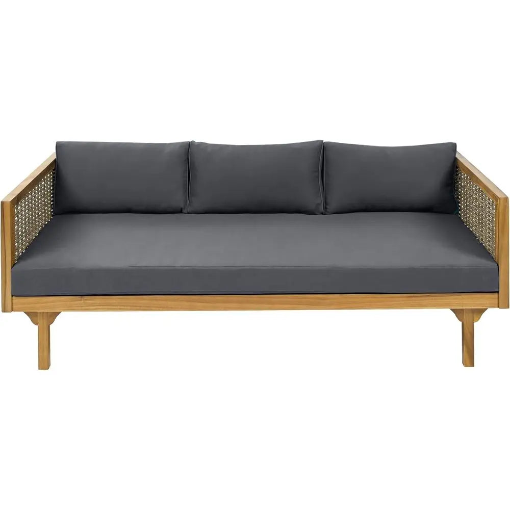 3 Seater Acacia Wood Outdoor Patio Daybed with Rattan Arms, Cushion & Pillow