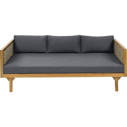 3 Seater Acacia Wood Outdoor Patio Daybed with Rattan Arms, Cushion & Pillow