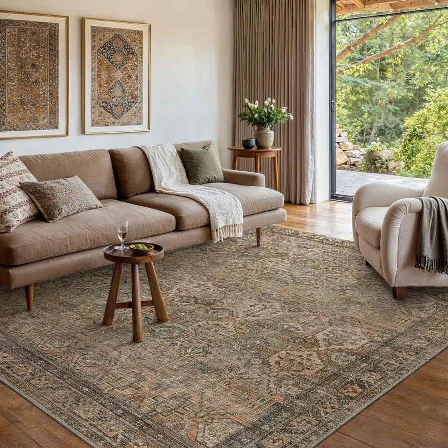 Washable Rug 8x10 Area Rug for Washable Vintage Print Carpet, UltraThin Chenille Low Pile Lightweight