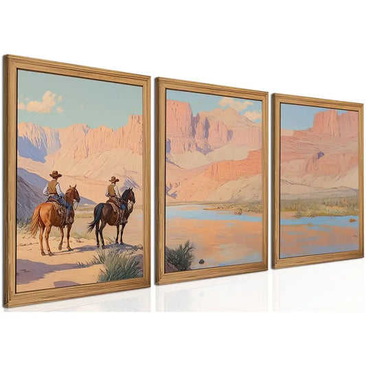 Western Cowboy Canvas Wall Art Set of 3 Vintage Cowboy Pictures Wall Decor, Rustic Mid Century Southwestern Ranch Landscapes Horses