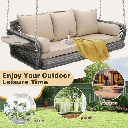 3-Person Hanging Porch Swing Wicker, Outdoor Rattan Swing Bench W/ 3 Back Cushions and Seat Cushion, Sturdy Steel, Customized