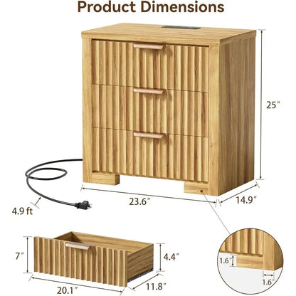 Modern 3-Drawer Natural Oak Nightstand with Fluted Design and Charger Station for Bedroom or Home Office