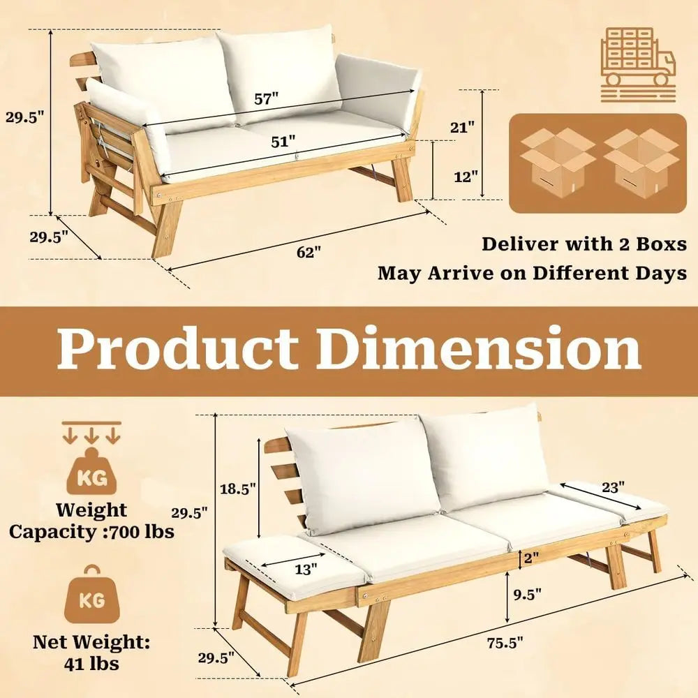 Patio Convertible Couch Soa Bed, Acacia Wood Chaise Lounger with Adjustable Armrest, Cushion & Pillows, Outdoor Daybed Loveseat