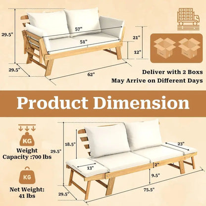 Patio Convertible Couch Soa Bed, Acacia Wood Chaise Lounger with Adjustable Armrest, Cushion & Pillows, Outdoor Daybed Loveseat
