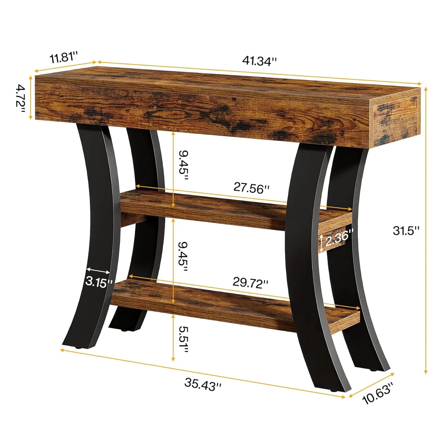 41in Small 3-Tier Narrow Rustic Console Table Curved Storage Shelf Entry Hall, Customized