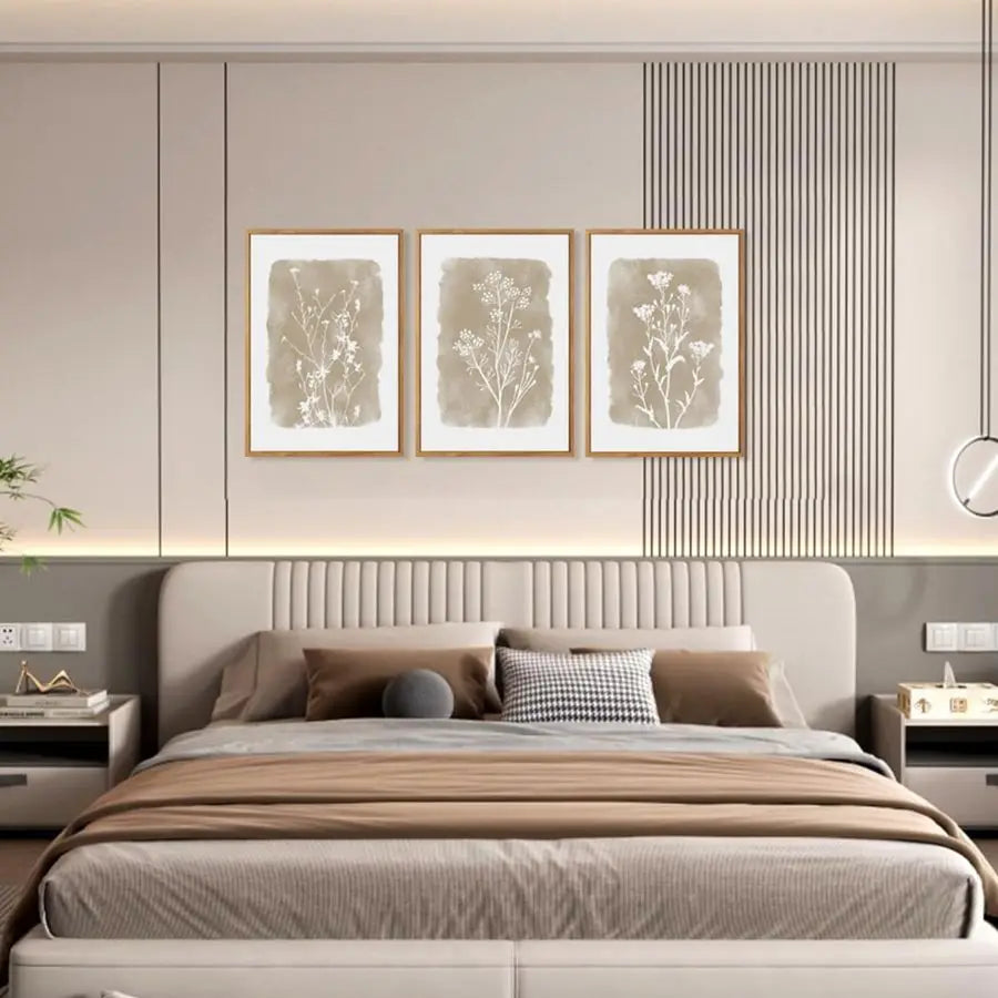 Botanical Farmhouse Wall Art Set, Framed Boho Plant Wall Decor, Neutral Minimalist Floral Wall Painting, Rustic Wildflower Canvas