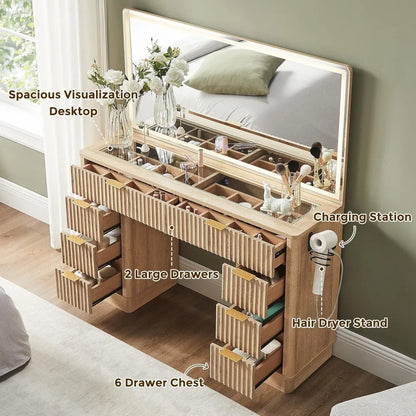 illuminated 48" makeup vanity desk with fluted design, 8-drawer storage and charging station