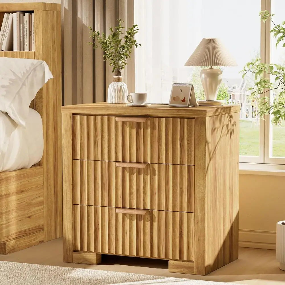 Modern 3-Drawer Natural Oak Nightstand with Fluted Design and Charger Station for Bedroom or Home Office