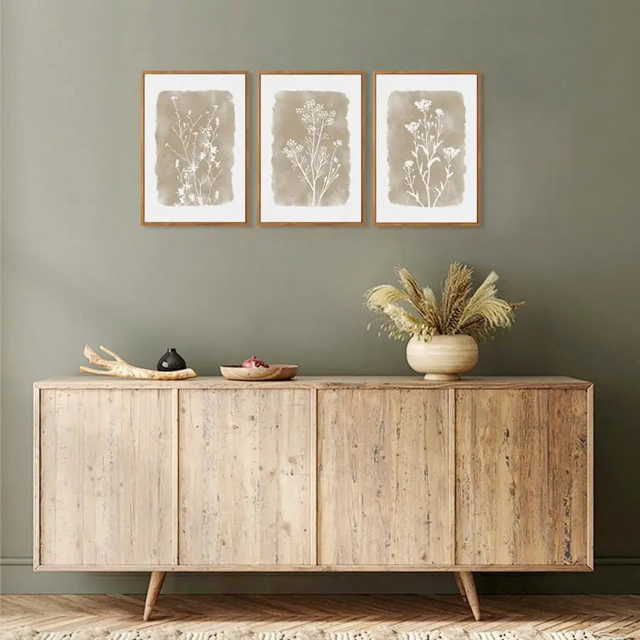 Botanical Farmhouse Wall Art Set, Framed Boho Plant Wall Decor, Neutral Minimalist Floral Wall Painting, Rustic Wildflower Canvas