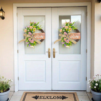 Spring Wreath for Front Door, 16.9 Inch Welcome Sign Front Door Wreath, Indoor Outdoor Green Eucalyptus Daisy Welcome