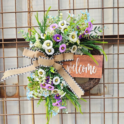 Spring Wreath for Front Door, 16.9 Inch Welcome Sign Front Door Wreath, Indoor Outdoor Green Eucalyptus Daisy Welcome