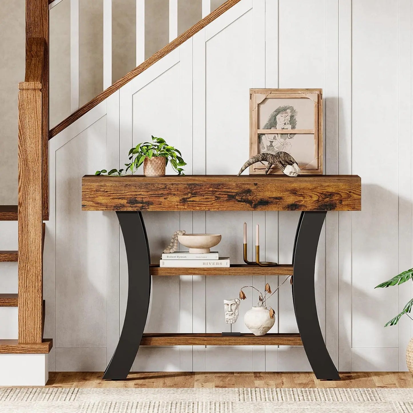 41in Small 3-Tier Narrow Rustic Console Table Curved Storage Shelf Entry Hall, Customized