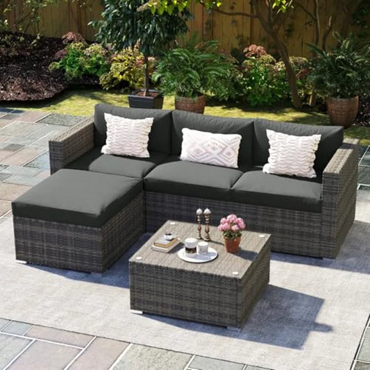 5 Piece Outdoor Patio Furniture Set All Weather Wicker Rattan Sectional Sofa Conversation Set with Cushions Large