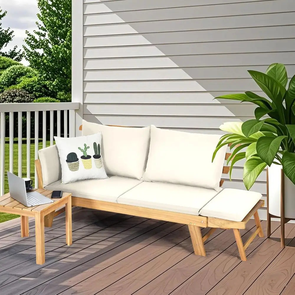 Patio Convertible Couch Soa Bed, Acacia Wood Chaise Lounger with Adjustable Armrest, Cushion & Pillows, Outdoor Daybed Loveseat