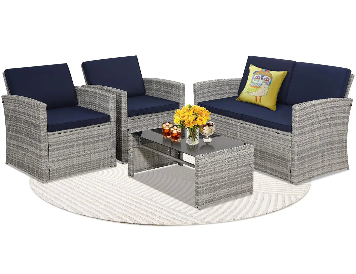 4 Pieces Patio Conversation Set, Outside Rattan Sectional Sofa, Cushioned Furniture Set, Wicker