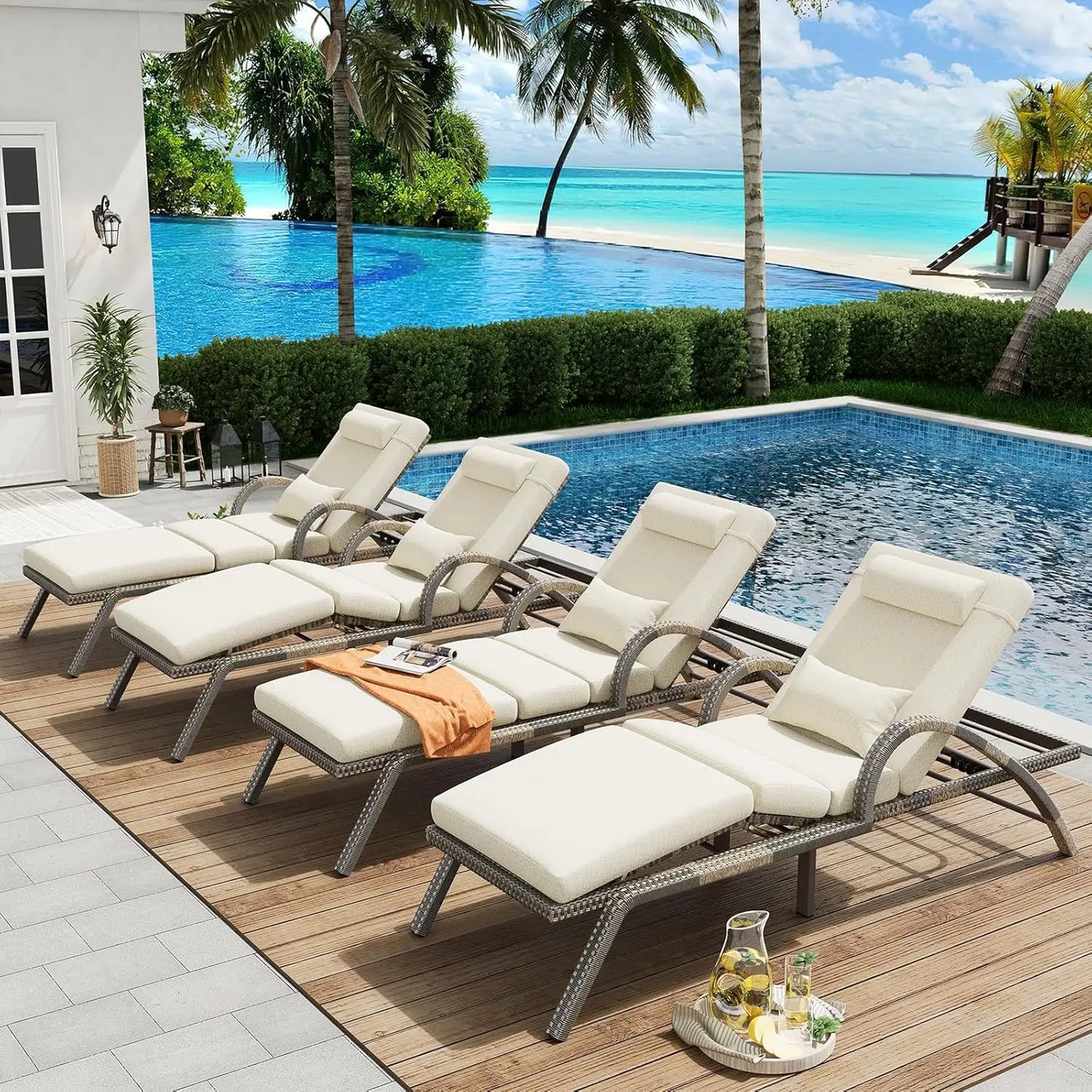 Outdoor Lounge Chairs Set of 2, Patio Chaise Loungers with Adjustable 5-Position & Leg Support, Wicker Pool Recliners