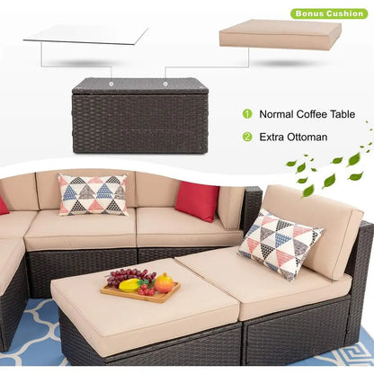 6-Piece Outdoor Patio Wicker Sectional Set with Coffee Table for Small Spaces - Ideal for Garden, Backyard, Poolside (Beige)