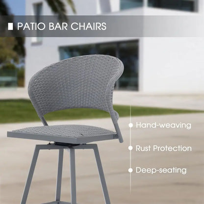 Grey Metal Patio Bar Set with 28 Table and 2 Swivel Wicker Stools