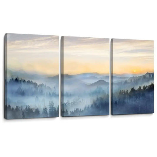 3 Panel Sunrise Misty Forest Picture Paintings Wall Art for Living Room, bedroom, Bathroom Framed Canvas Artwork