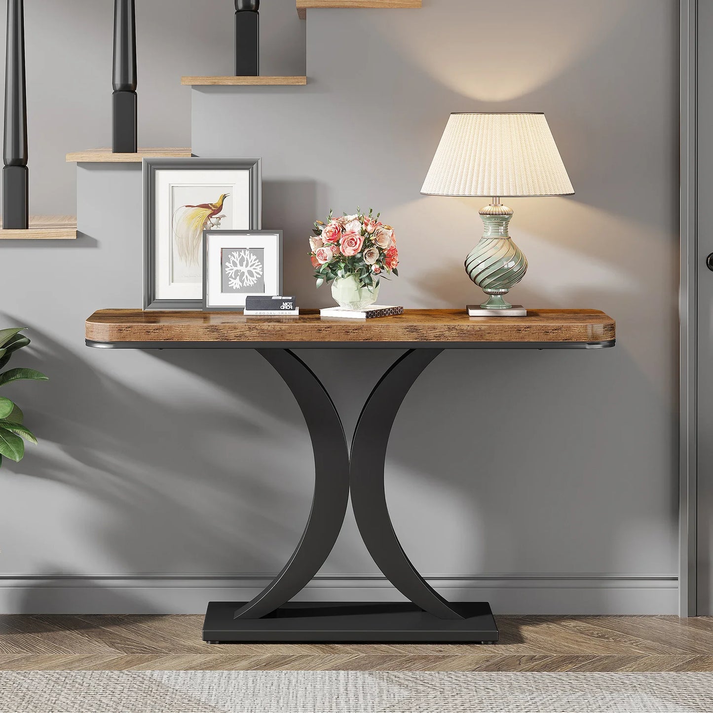 Console Table, 40 inch Narrow with Geometric Base, Rustic Hallway Accent