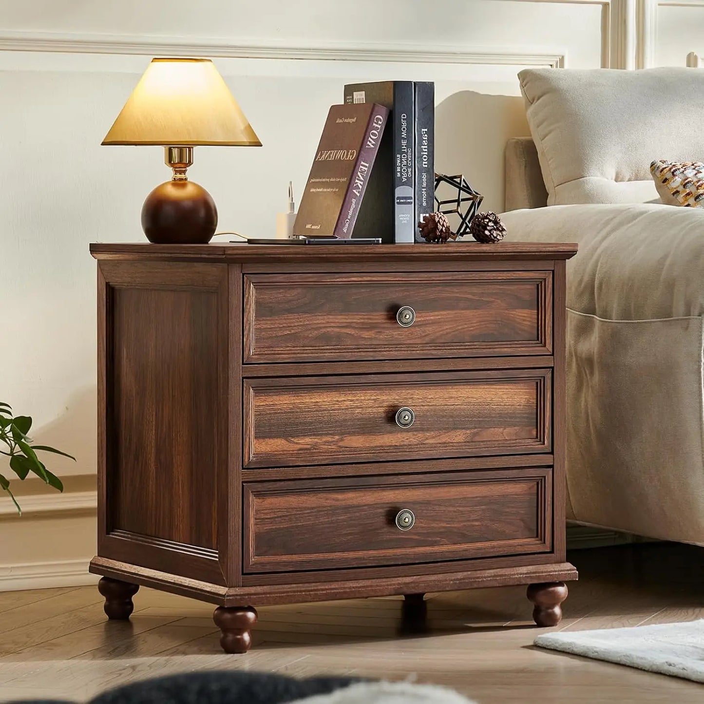Farmhouse Nightstand Set of 2 with Charging Station, 24" Wide End Table with 3 Drawers, Bed Side